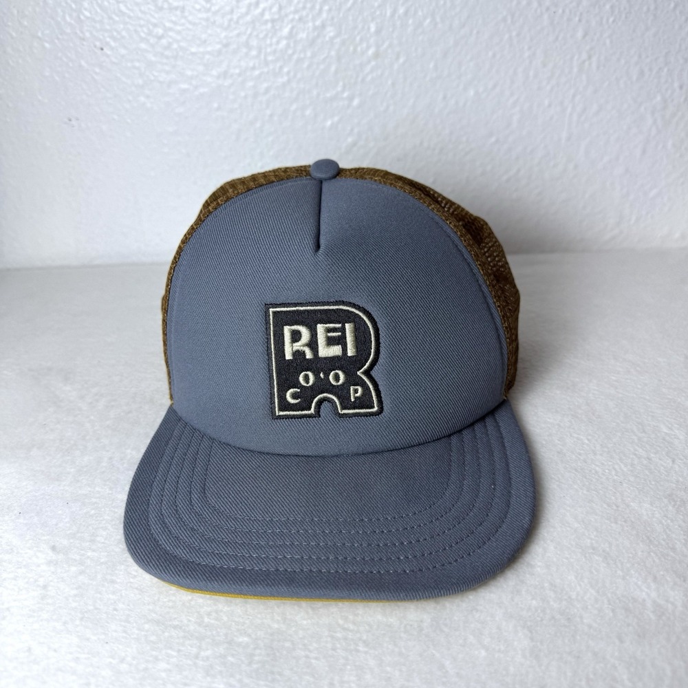 REI CO-OP Trucker Hat One Size Adjustable Snapback Blue Brown Cap Mesh Back